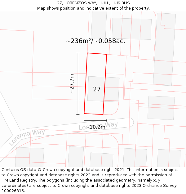 27, LORENZOS WAY, HULL, HU9 3HS: Plot and title map