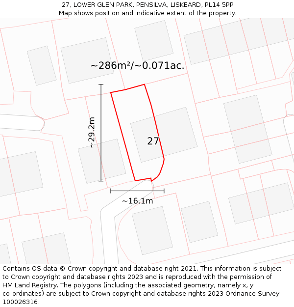 27, LOWER GLEN PARK, PENSILVA, LISKEARD, PL14 5PP: Plot and title map
