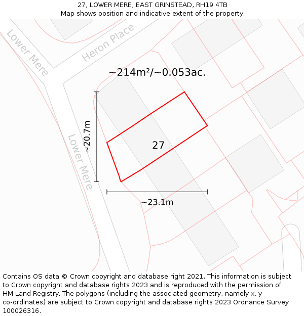 27, LOWER MERE, EAST GRINSTEAD, RH19 4TB: Plot and title map