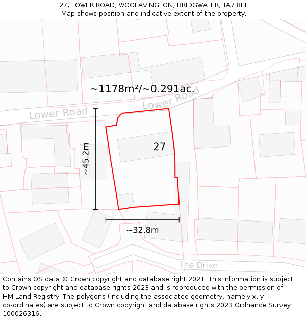 27, LOWER ROAD, WOOLAVINGTON, BRIDGWATER, TA7 8EF: Plot and title map