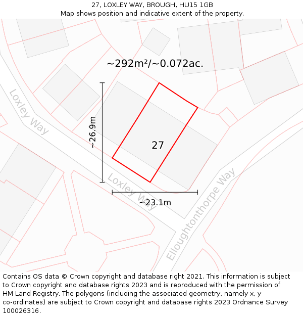 27, LOXLEY WAY, BROUGH, HU15 1GB: Plot and title map