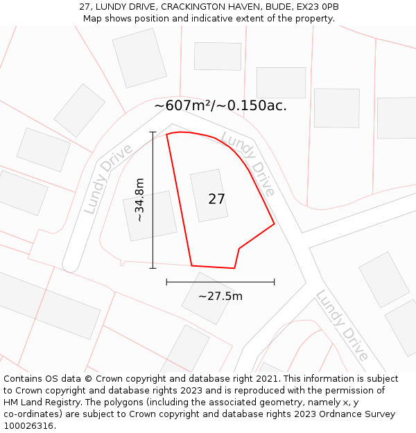 27, LUNDY DRIVE, CRACKINGTON HAVEN, BUDE, EX23 0PB: Plot and title map