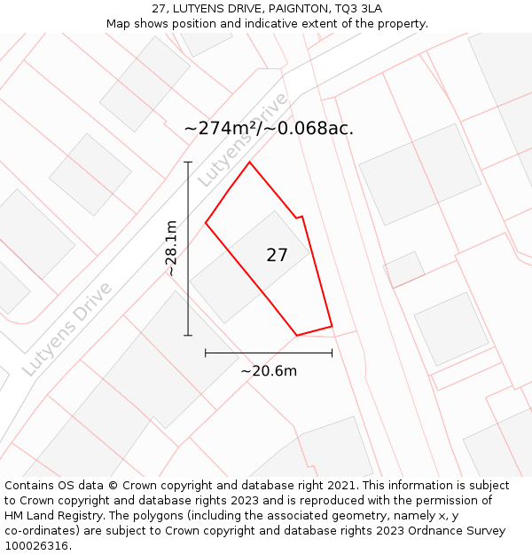 27, LUTYENS DRIVE, PAIGNTON, TQ3 3LA: Plot and title map