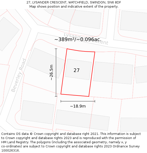27, LYSANDER CRESCENT, WATCHFIELD, SWINDON, SN6 8DF: Plot and title map