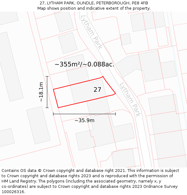 27, LYTHAM PARK, OUNDLE, PETERBOROUGH, PE8 4FB: Plot and title map