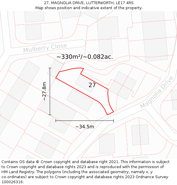 27, MAGNOLIA DRIVE, LUTTERWORTH, LE17 4RS: Plot and title map