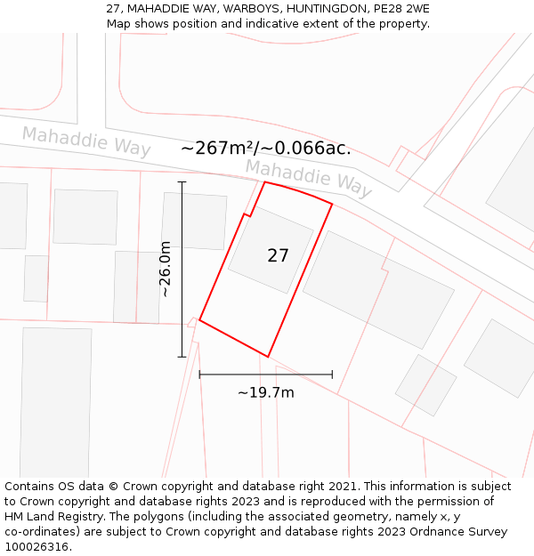 27, MAHADDIE WAY, WARBOYS, HUNTINGDON, PE28 2WE: Plot and title map