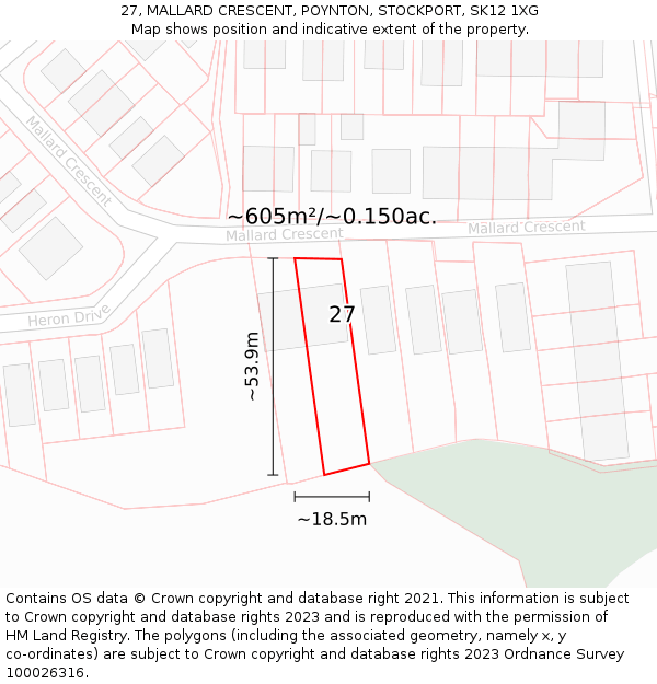 27, MALLARD CRESCENT, POYNTON, STOCKPORT, SK12 1XG: Plot and title map
