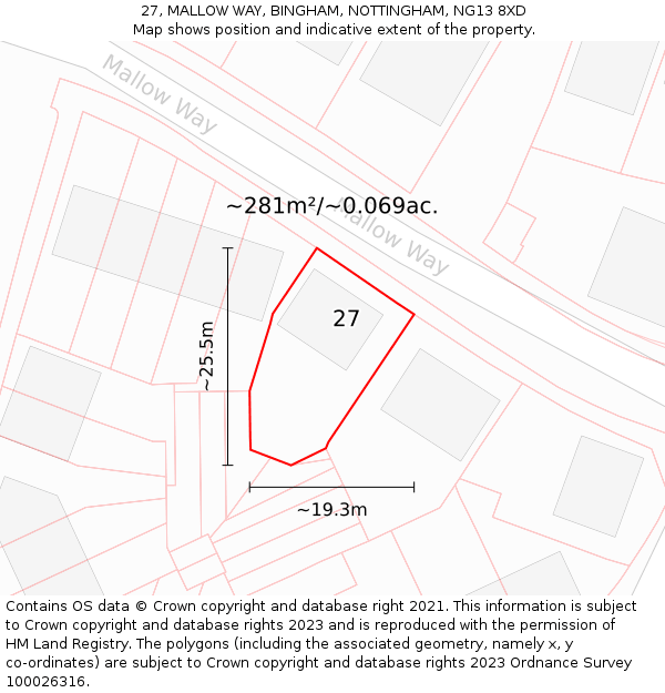 27, MALLOW WAY, BINGHAM, NOTTINGHAM, NG13 8XD: Plot and title map