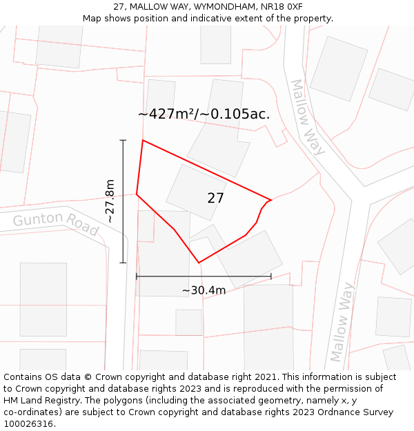 27, MALLOW WAY, WYMONDHAM, NR18 0XF: Plot and title map