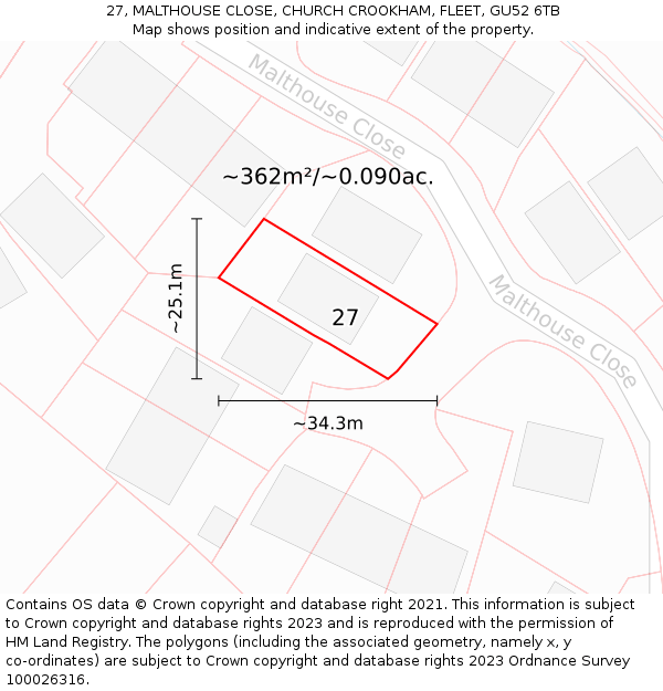 27, MALTHOUSE CLOSE, CHURCH CROOKHAM, FLEET, GU52 6TB: Plot and title map