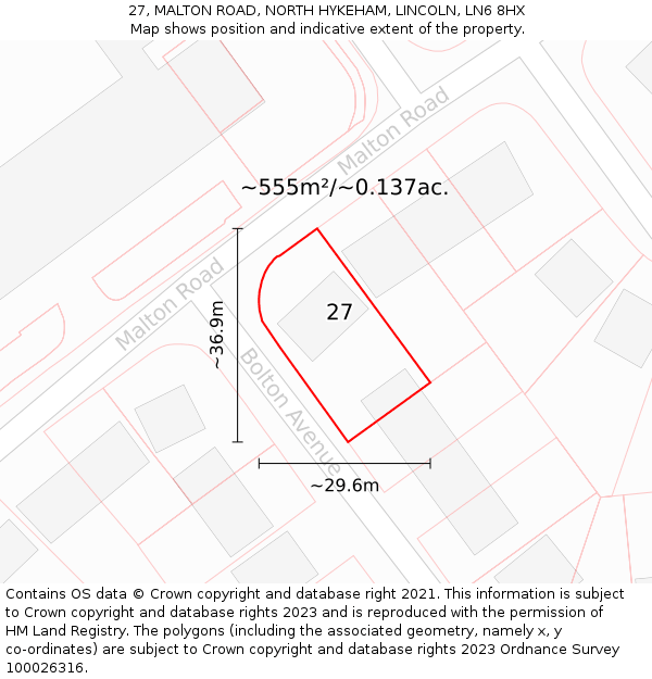 27, MALTON ROAD, NORTH HYKEHAM, LINCOLN, LN6 8HX: Plot and title map