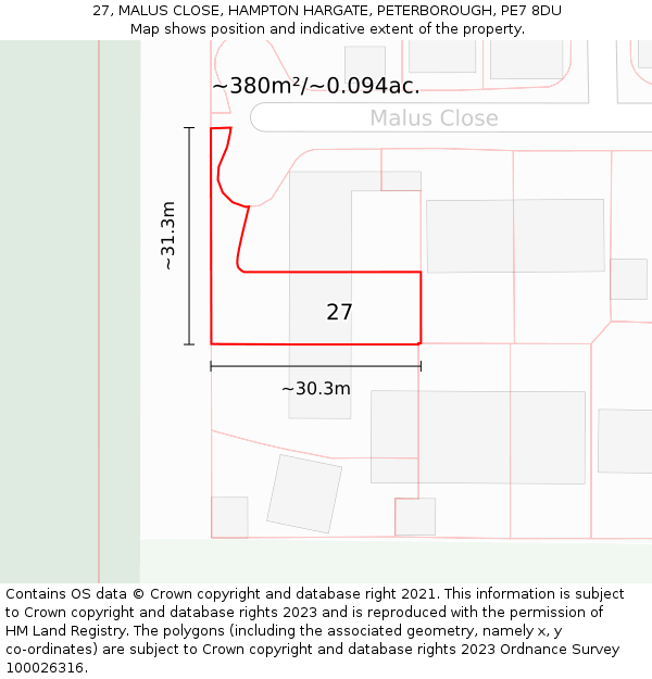 27, MALUS CLOSE, HAMPTON HARGATE, PETERBOROUGH, PE7 8DU: Plot and title map