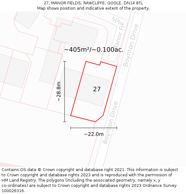 27, MANOR FIELDS, RAWCLIFFE, GOOLE, DN14 8TL: Plot and title map
