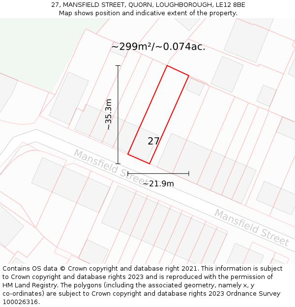 27, MANSFIELD STREET, QUORN, LOUGHBOROUGH, LE12 8BE: Plot and title map