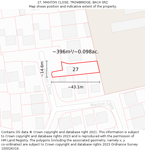 27, MANTON CLOSE, TROWBRIDGE, BA14 0RZ: Plot and title map