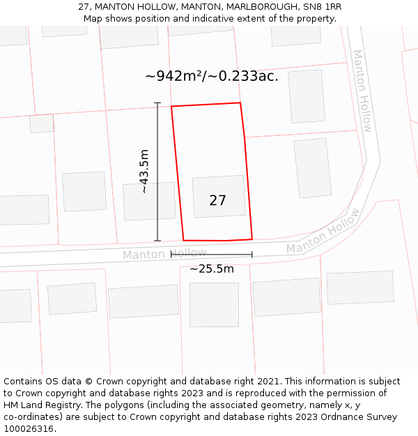27, MANTON HOLLOW, MANTON, MARLBOROUGH, SN8 1RR: Plot and title map