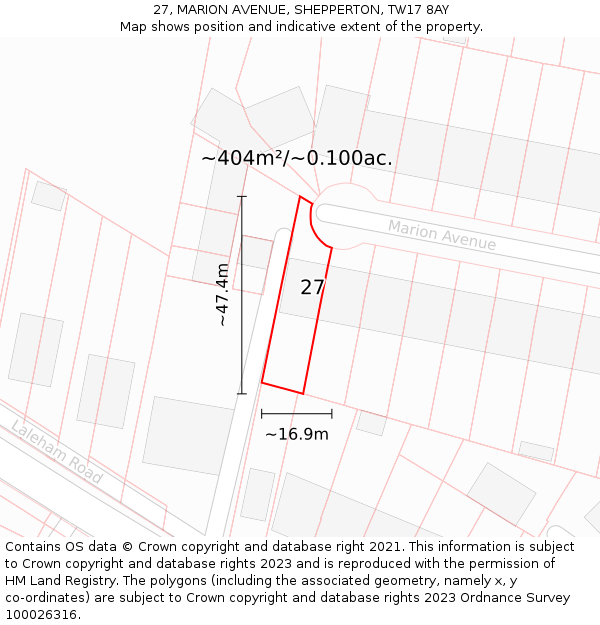 27, MARION AVENUE, SHEPPERTON, TW17 8AY: Plot and title map