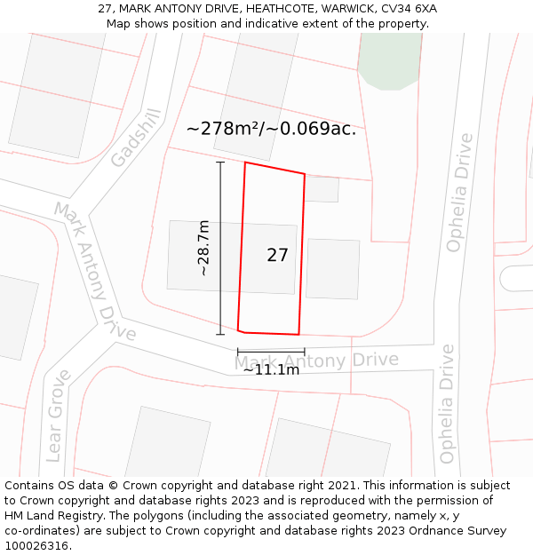 27, MARK ANTONY DRIVE, HEATHCOTE, WARWICK, CV34 6XA: Plot and title map