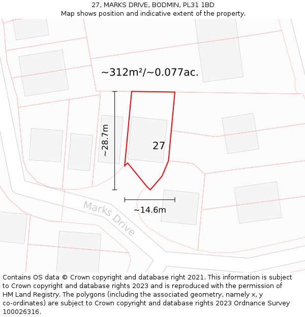 27, MARKS DRIVE, BODMIN, PL31 1BD: Plot and title map