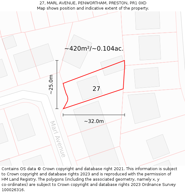 27, MARL AVENUE, PENWORTHAM, PRESTON, PR1 0XD: Plot and title map