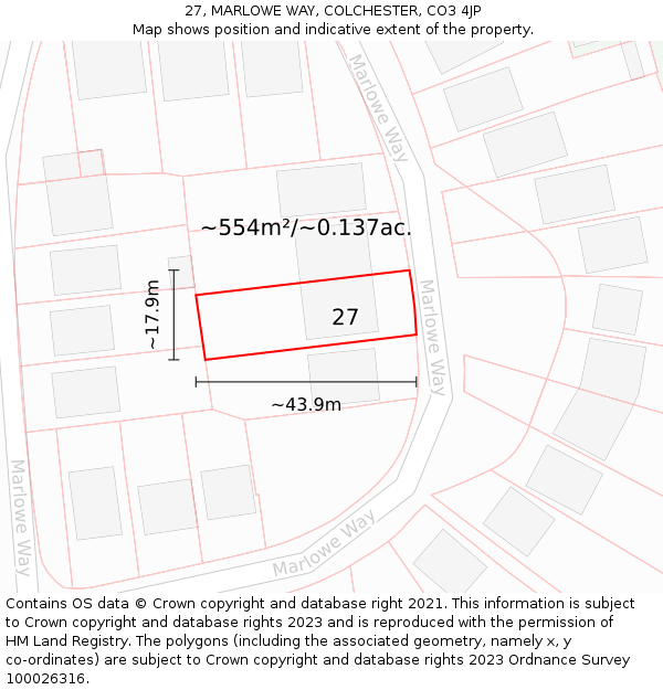 27, MARLOWE WAY, COLCHESTER, CO3 4JP: Plot and title map