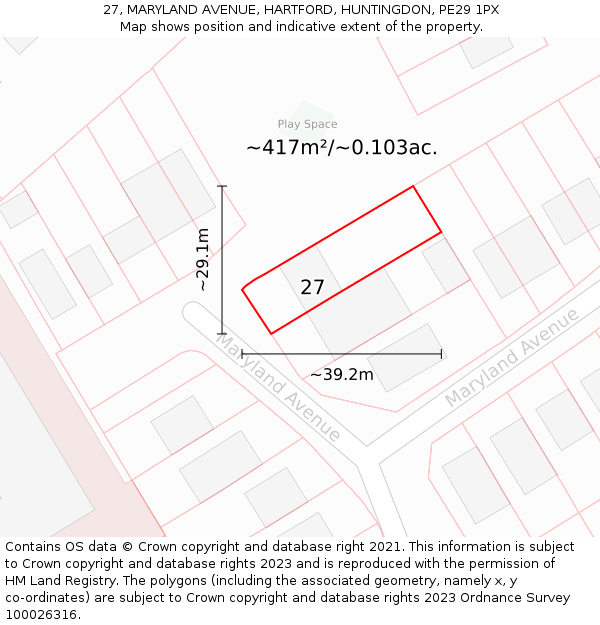 27, MARYLAND AVENUE, HARTFORD, HUNTINGDON, PE29 1PX: Plot and title map