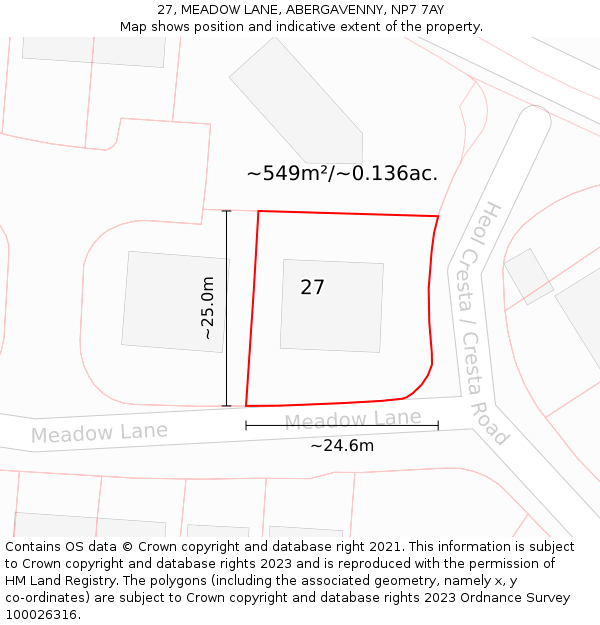 27, MEADOW LANE, ABERGAVENNY, NP7 7AY: Plot and title map