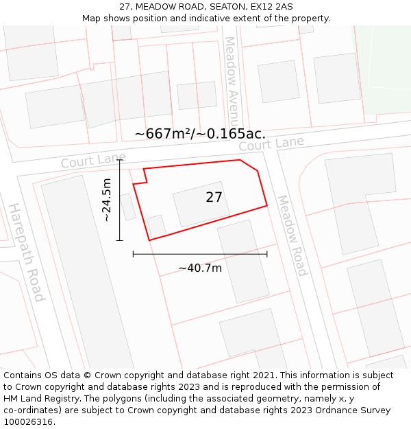 27, MEADOW ROAD, SEATON, EX12 2AS: Plot and title map