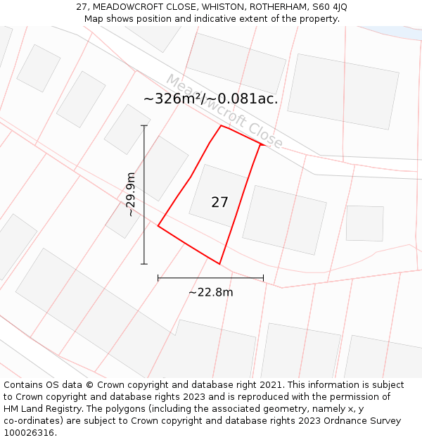 27, MEADOWCROFT CLOSE, WHISTON, ROTHERHAM, S60 4JQ: Plot and title map