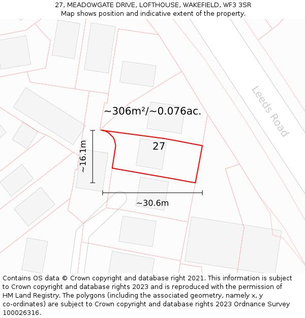 27, MEADOWGATE DRIVE, LOFTHOUSE, WAKEFIELD, WF3 3SR: Plot and title map