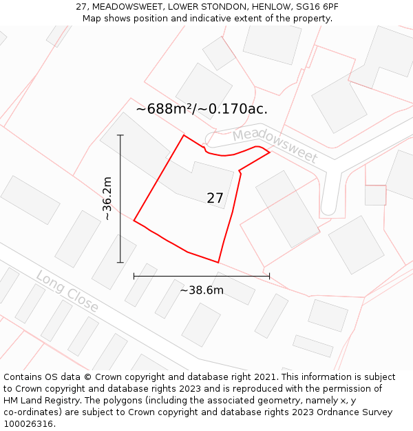27, MEADOWSWEET, LOWER STONDON, HENLOW, SG16 6PF: Plot and title map