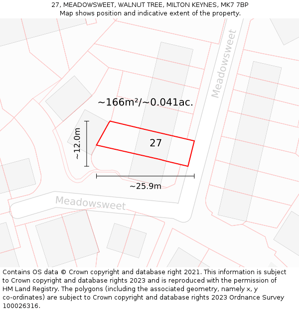 27, MEADOWSWEET, WALNUT TREE, MILTON KEYNES, MK7 7BP: Plot and title map