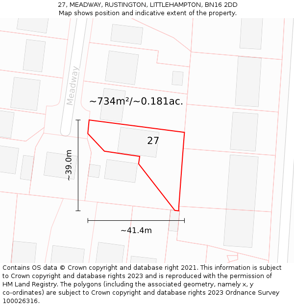 27, MEADWAY, RUSTINGTON, LITTLEHAMPTON, BN16 2DD: Plot and title map