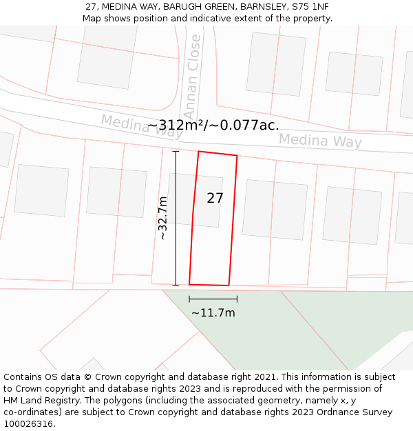 27, MEDINA WAY, BARUGH GREEN, BARNSLEY, S75 1NF: Plot and title map