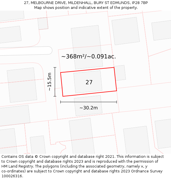 27, MELBOURNE DRIVE, MILDENHALL, BURY ST EDMUNDS, IP28 7BP: Plot and title map