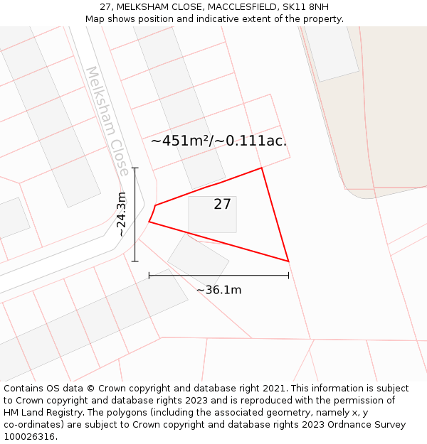27, MELKSHAM CLOSE, MACCLESFIELD, SK11 8NH: Plot and title map