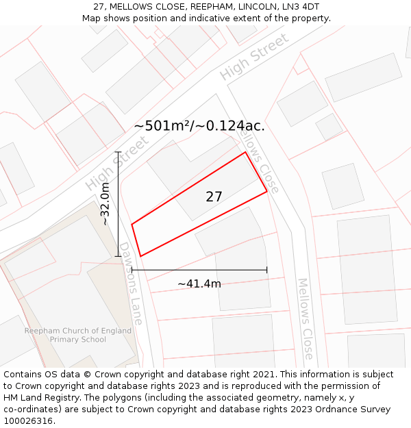 27, MELLOWS CLOSE, REEPHAM, LINCOLN, LN3 4DT: Plot and title map