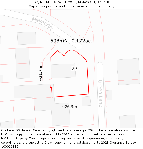 27, MELMERBY, WILNECOTE, TAMWORTH, B77 4LP: Plot and title map