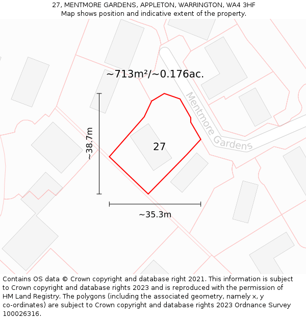 27, MENTMORE GARDENS, APPLETON, WARRINGTON, WA4 3HF: Plot and title map