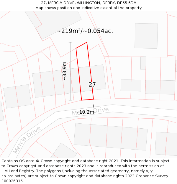 27, MERCIA DRIVE, WILLINGTON, DERBY, DE65 6DA: Plot and title map