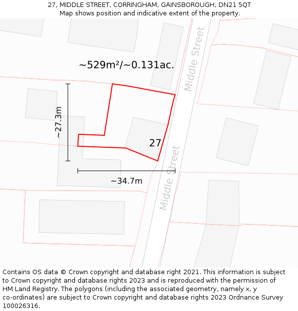 27, MIDDLE STREET, CORRINGHAM, GAINSBOROUGH, DN21 5QT: Plot and title map