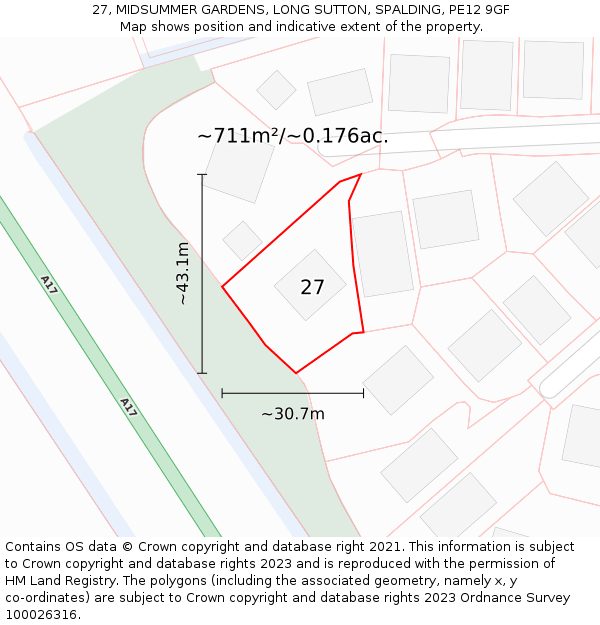 27, MIDSUMMER GARDENS, LONG SUTTON, SPALDING, PE12 9GF: Plot and title map