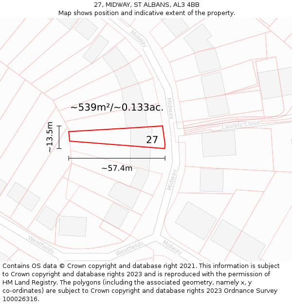 27, MIDWAY, ST ALBANS, AL3 4BB: Plot and title map