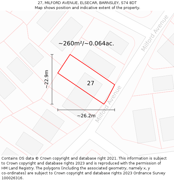 27, MILFORD AVENUE, ELSECAR, BARNSLEY, S74 8DT: Plot and title map