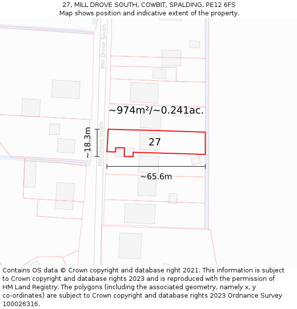 27, MILL DROVE SOUTH, COWBIT, SPALDING, PE12 6FS: Plot and title map