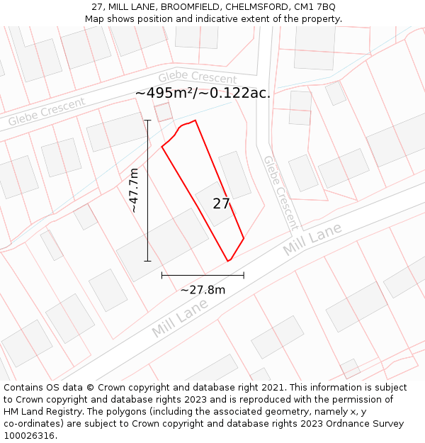 27, MILL LANE, BROOMFIELD, CHELMSFORD, CM1 7BQ: Plot and title map