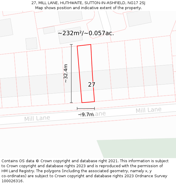 27, MILL LANE, HUTHWAITE, SUTTON-IN-ASHFIELD, NG17 2SJ: Plot and title map