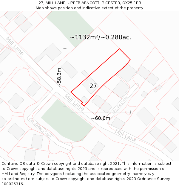 27, MILL LANE, UPPER ARNCOTT, BICESTER, OX25 1PB: Plot and title map