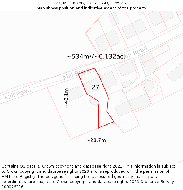 27, MILL ROAD, HOLYHEAD, LL65 2TA: Plot and title map